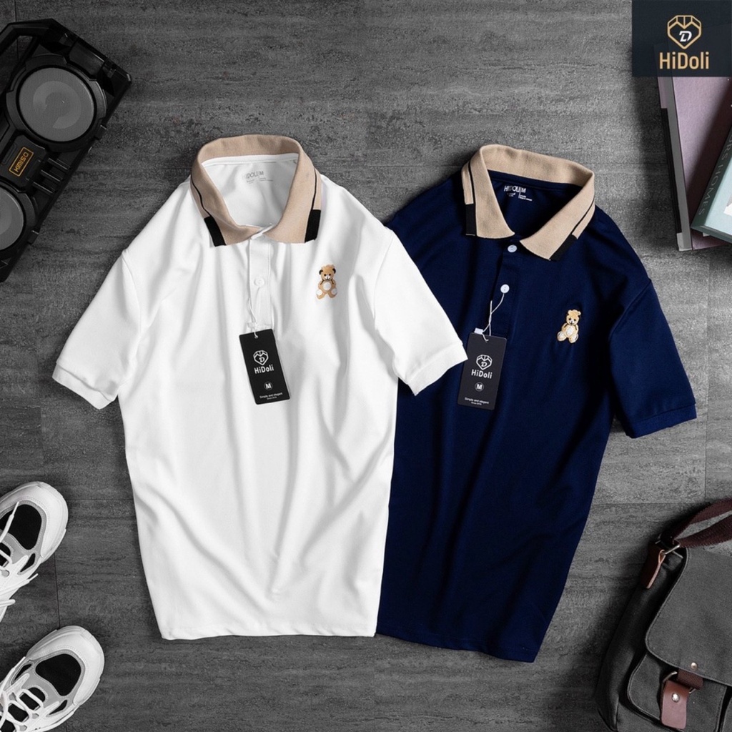 Áo polo nam phối cổ tay thêu gấu siêu sang