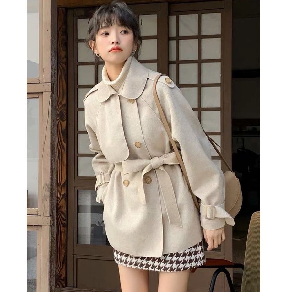 Áo khoác mangto nữ dáng ngắn chất dạ ép cổ sen 1 lớp kèm đai, Áo khoác ngoài măng tô dày dặn 4 cúc kèm đai tay đai eo