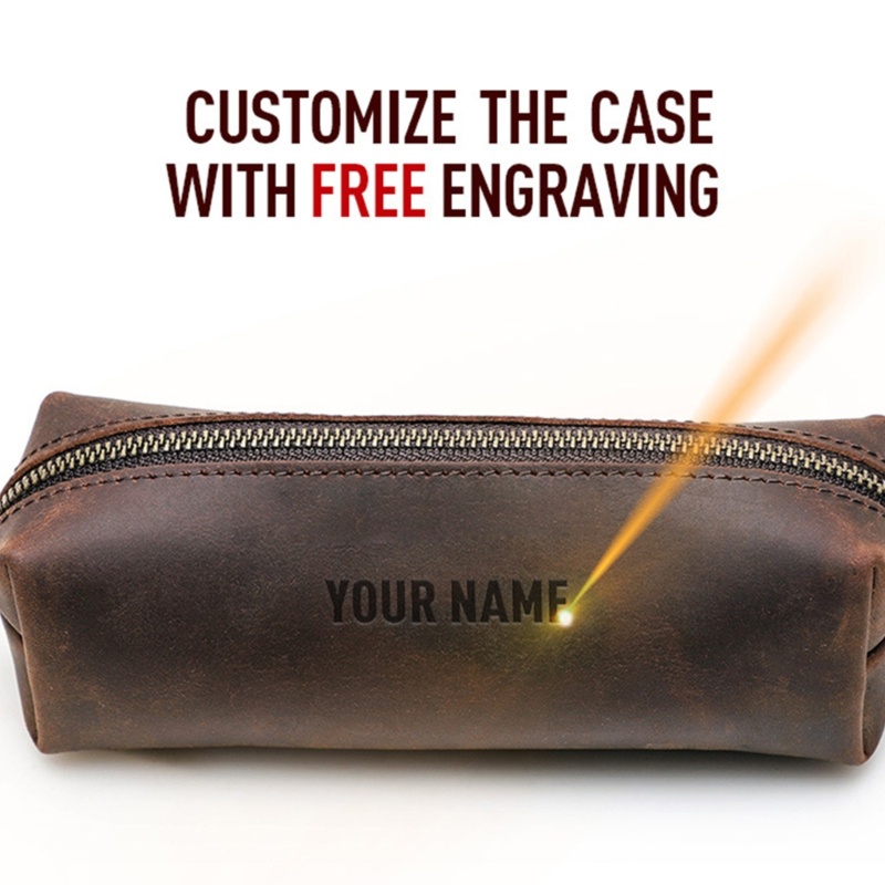 Túi Đựng Bút Bằng Da Bò Thật Hình Vuông Có Khóa Kéo Phong Cách Vintage