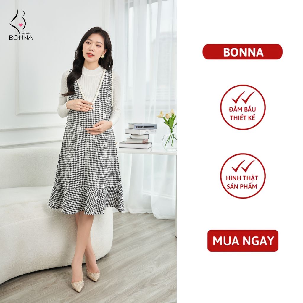 Váy bầu thu đông BONNA thiết kế dáng yếm đuôi cá, chất dạ cao cấp, cổ chữ V xẻ sâu phối cùng áo len tăm ấm áp VS081