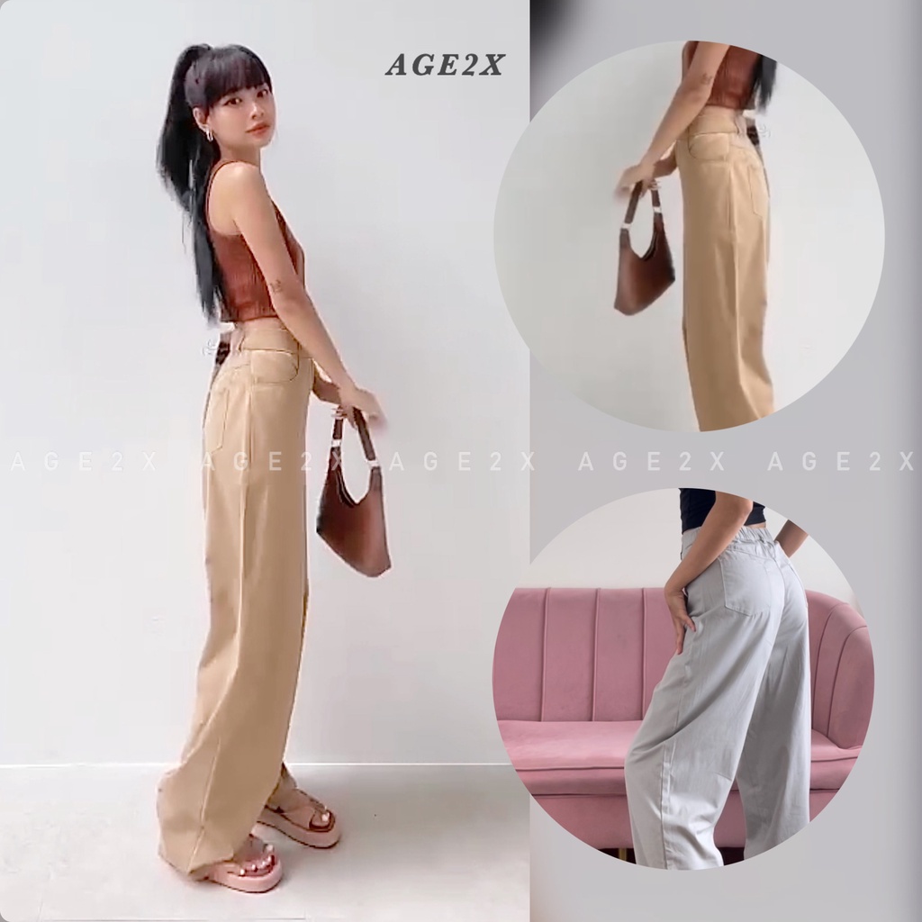 16.Quần ống rộng suông nữ lưng cao kaki cotton mềm mát chính hãng AGE2X phong cách năng động trẻ trung Hàn Quốc