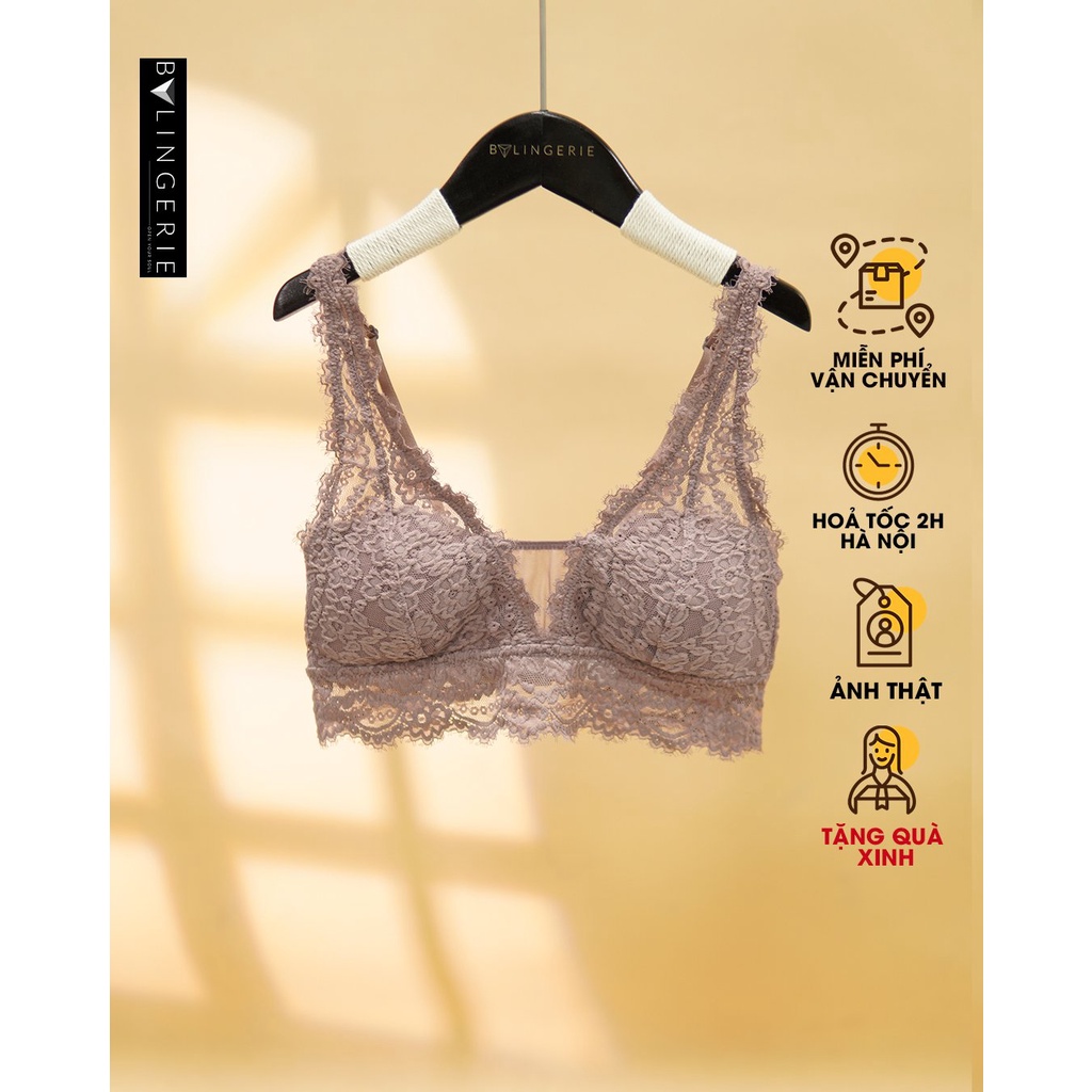 Bộ đò lót ren nữ BY LINGERIE màu nâu cafe trắng và đen không gọng mút mỏng B325