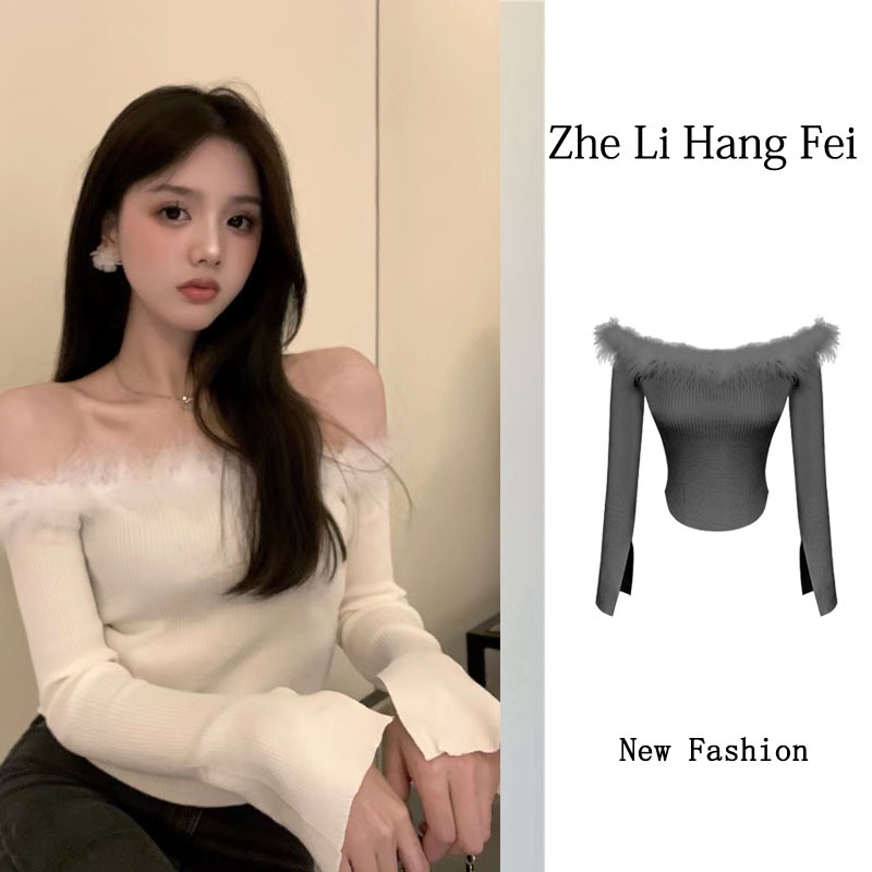 ZHELIHANGFEI Áo Len Tay Dài Trễ Vai Form Ôm Kiểu Dáng Quyến Rũ