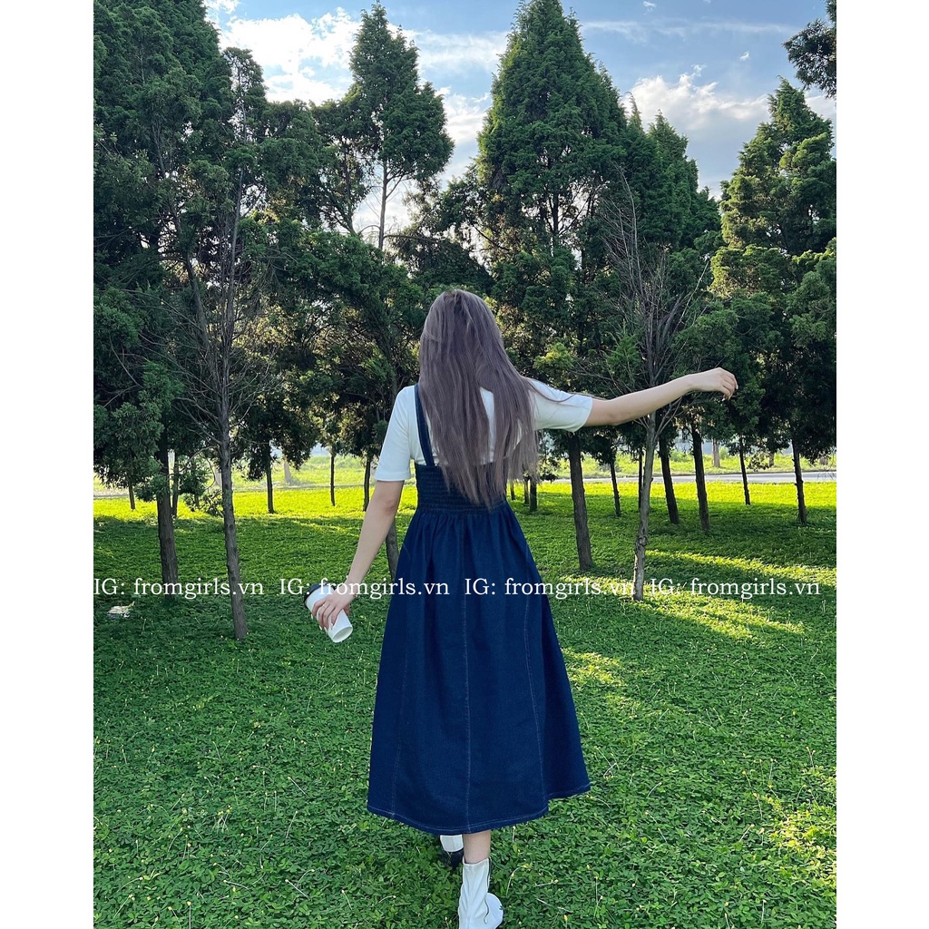 Váy yếm denim dáng dài xòe, yếm bò chun nhún lưng co giãn - V99