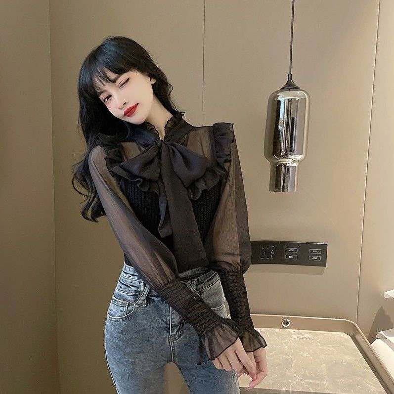 Áo Chiffon Tay Phồng Thắt Nơ Phối Bèo Ngọt Ngào Phong Cách Hàn Quốc Kiểu Pháp Mới