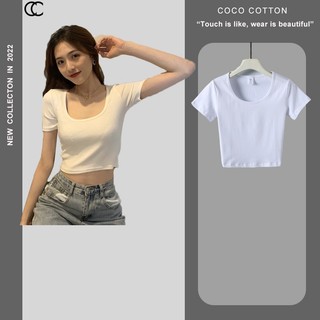 Áo phông nữ thun tay ngắn croptop COCOCOTTON cổ vuông cao cấp CC10