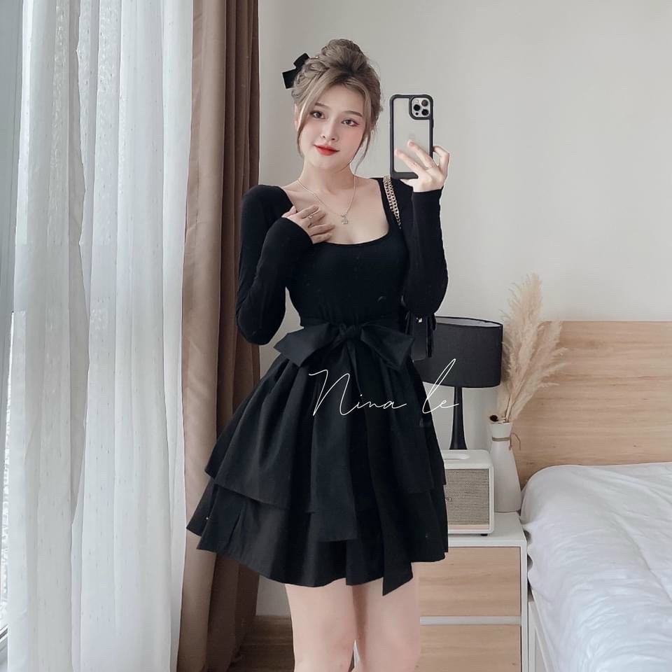 Set váy nữ EVANIA set váy tiểu thư dáng xòe thiết kế có nơ thắt eo sang chảnh, váy dự tiệc màu Đen MÃ B250