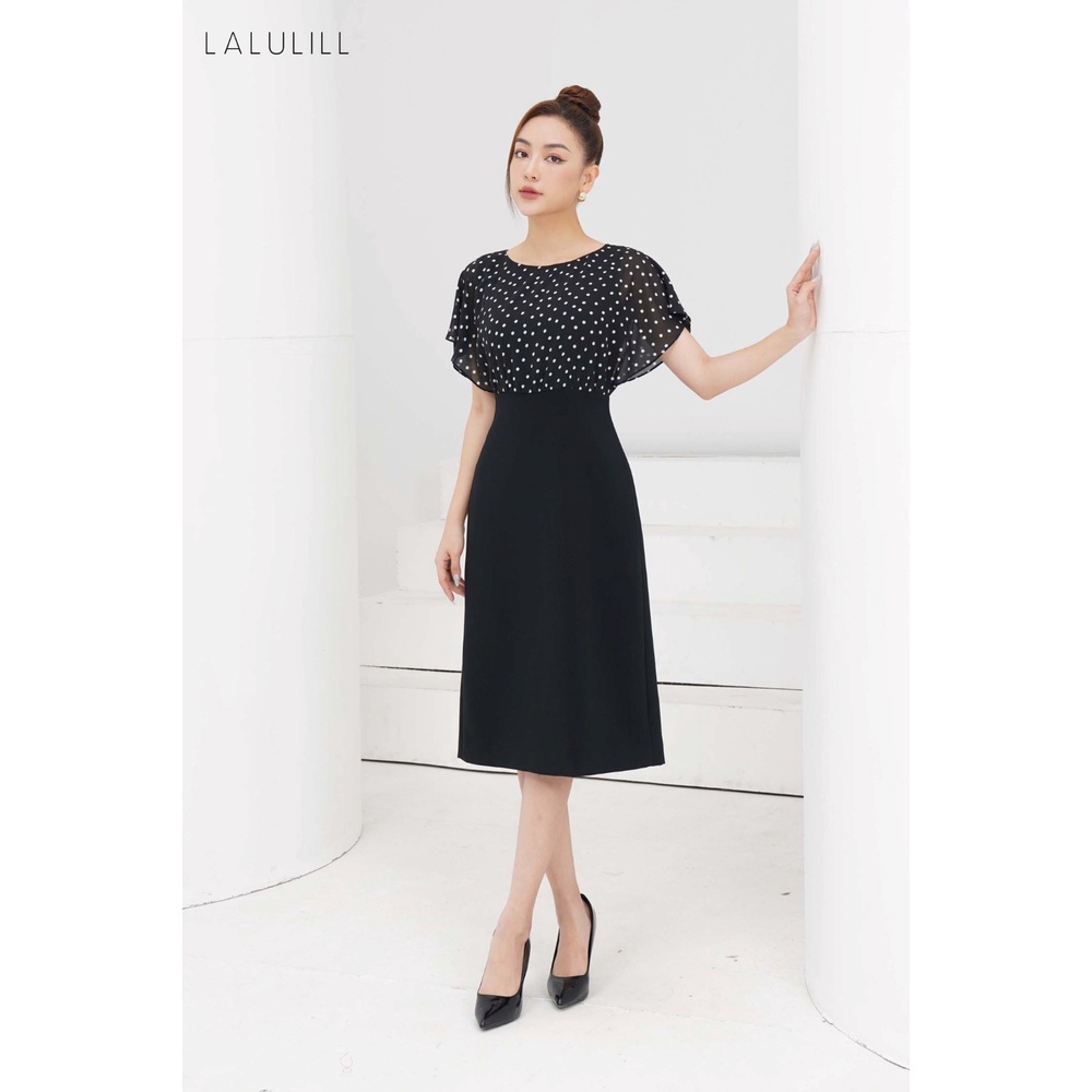 Đầm công sở nữ dáng A đứng LALULILL tay liền vai chấm bi đen LDL2274101