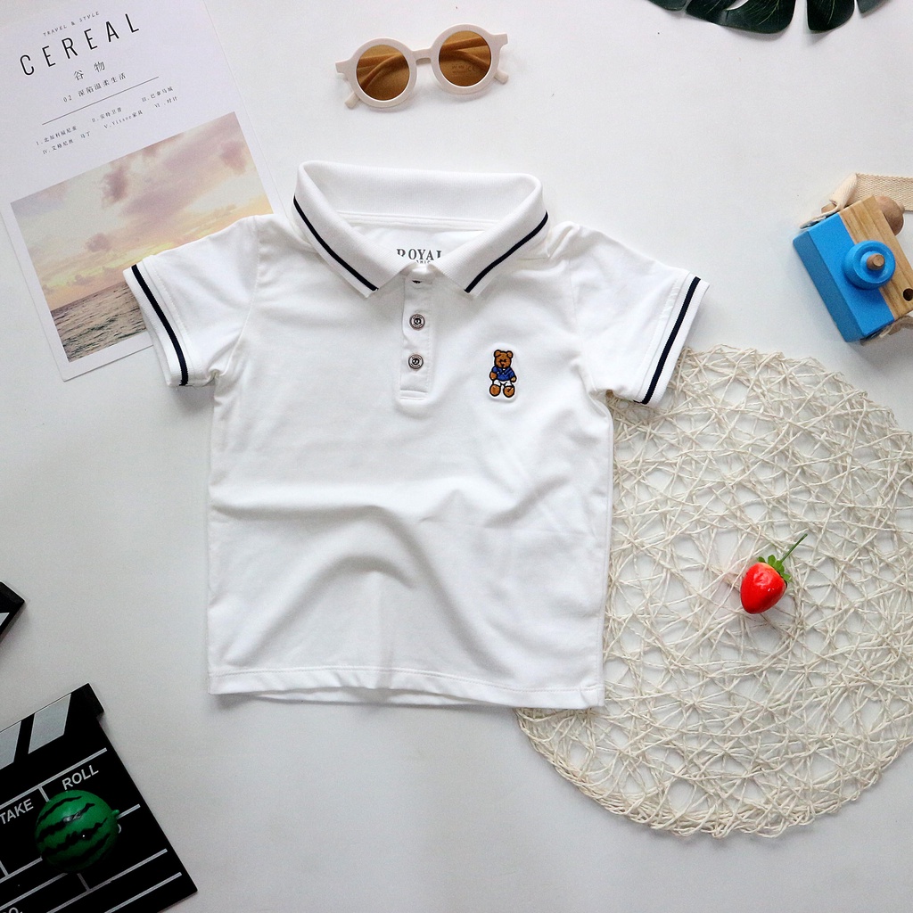 Áo Polo cho bé, áo bé trai có cổ chất cotton 4 chiều thêu hình gấu