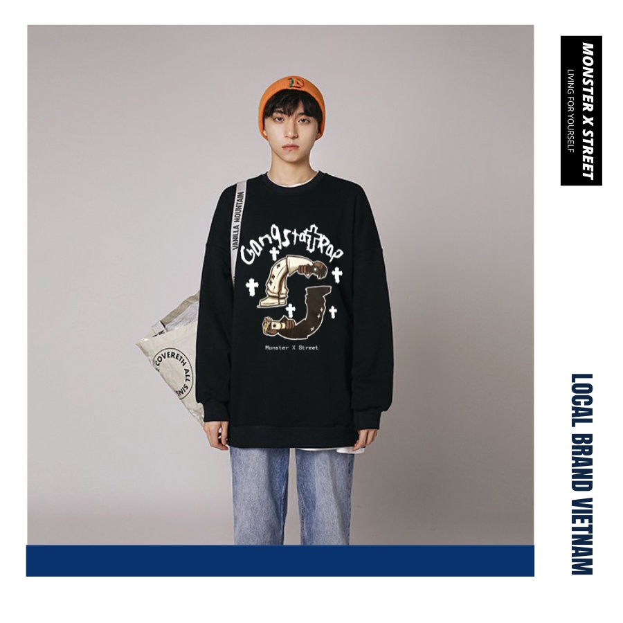 Áo dài tay trơn NỈ BÔNG Unisex Monster X Street Gang Trap Sweater Ulzzang cặp đôi nam nữ form rộng oversize Hàn Quốc