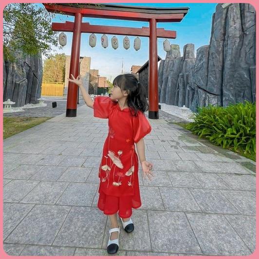 Áo Dài Cho Bé Gái Cách Tân Họa Tiết Hoa Sen Tay Bồng Chất Tơ Óng Mềm Mại Màu Sắc Nhẹ Nhàng 8 - 32Kg