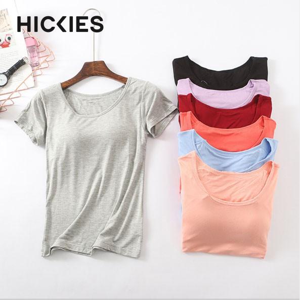 Áo ngắn tay có đệm ngực, áo cotton lạnh trơn, áo nữ cổ tròn thấm hút mồ hôi