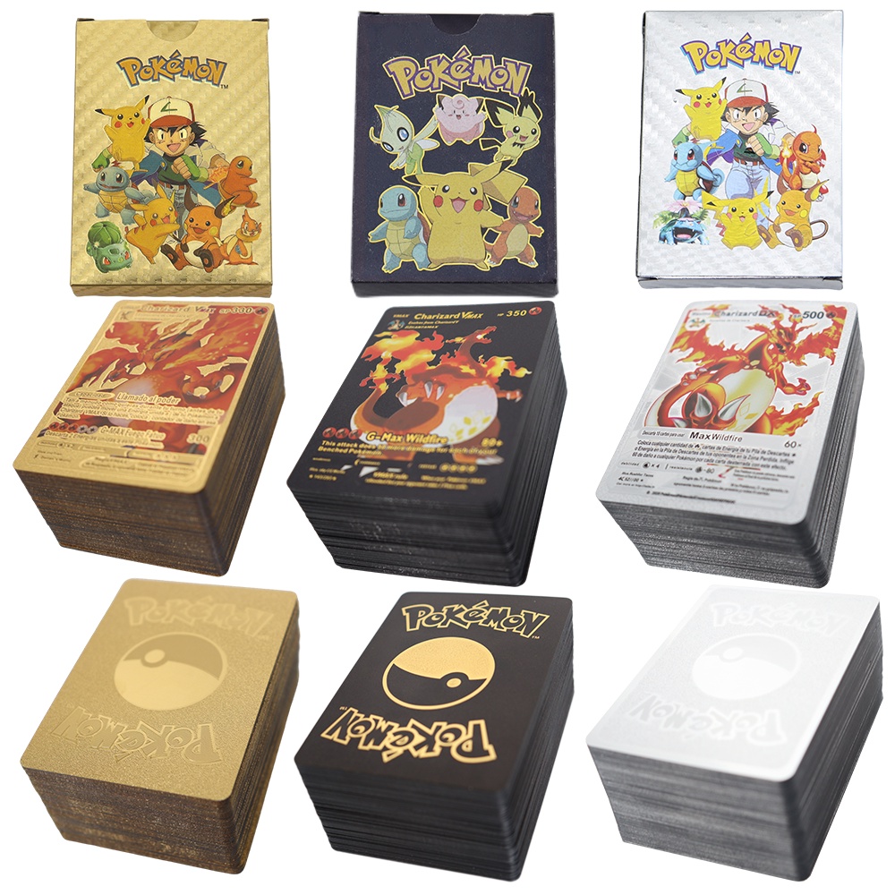 Bộ Sưu Tập Thẻ Bài Pokemon Vmax GX Metallized Màu Vàng Bạc Sưu Tầm Huấn Luyện Viên Tây Ban Nha Rare Pikachu Charizard Quà Tặng Cho Bé Trai