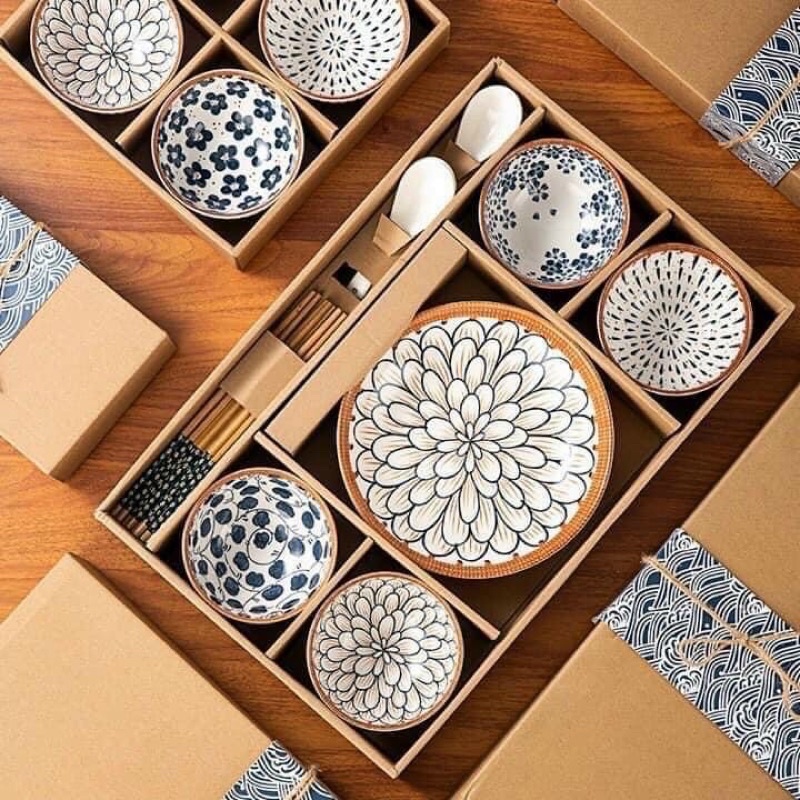 Bộ Chén Bát Phong Cách Nhật Bằng Gốm Sứ Họa Tiết 3D Sang Trọng, Trang Nhã Làm Quà Tặng Ý Nghĩa Kèm Hộp