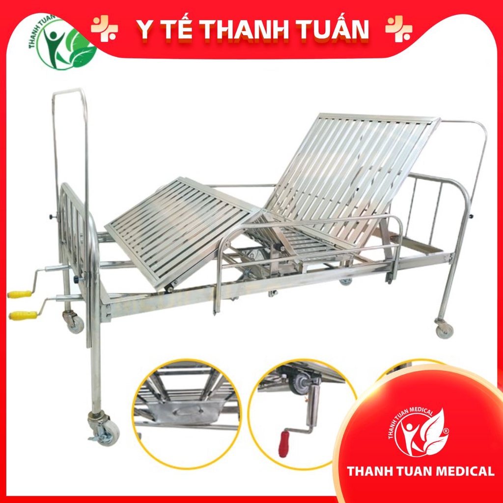 Giường y tế Inox 2 tay quay, có bô bệ sinh, kèm đệm cao cấp - Mẫu mới