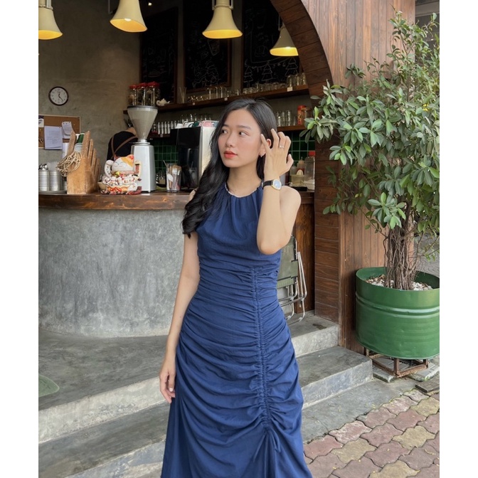 Đầm rút thân nhún eo dáng middi - Thu Linh