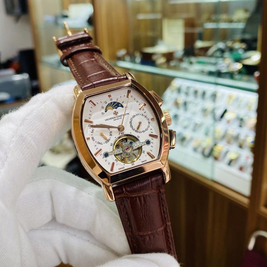 Đồng hồ Nam Vacheron máy nhật, mẫu mặt vuông lịch tuần trăng, mặt trắng viền vàng , dòng cơ Automatic size 40mm-41mm