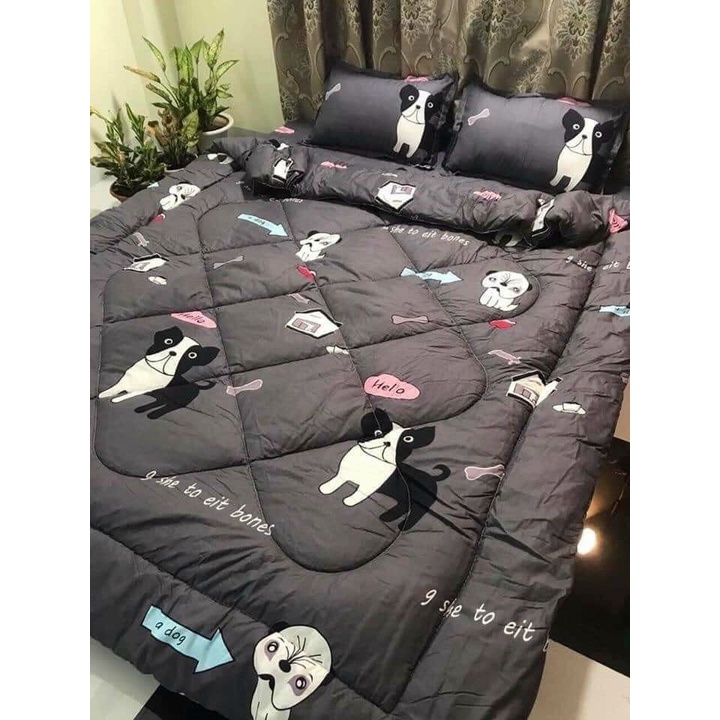 (Freeship 50k)  Full Set Chăn Phao 5 Món Ga Gối Poly loại 1 Chăn Bông Mẫu Thỏ Cute Tim Xanh Như Hình [Loại Bông Dày]