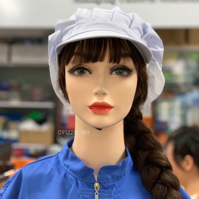 Nón thủy sản phối lưới, nón trùm tóc bảo hộ công nhân thực phẩm vải kaki _ Hình chụp thật