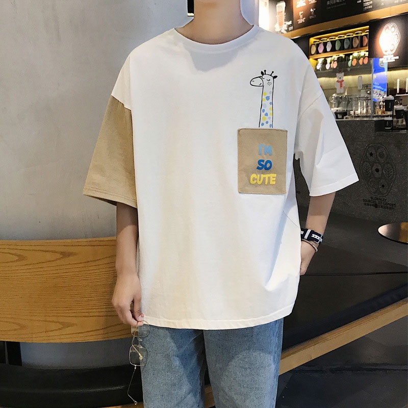 Áo Thun Tay Ngắn Cổ Tròn Dáng Rộng In Họa Tiết Màu Sắc Tương Phản Thời Trang Mùa Hè Cho Nam