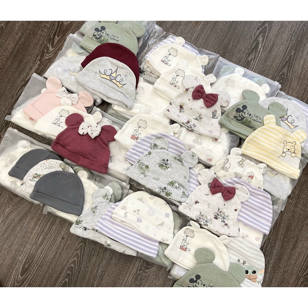 [HOT ITEMS] Set 3 mũ sơ sinh tai gấu cotton cao cấp họa tiết đáng yêu