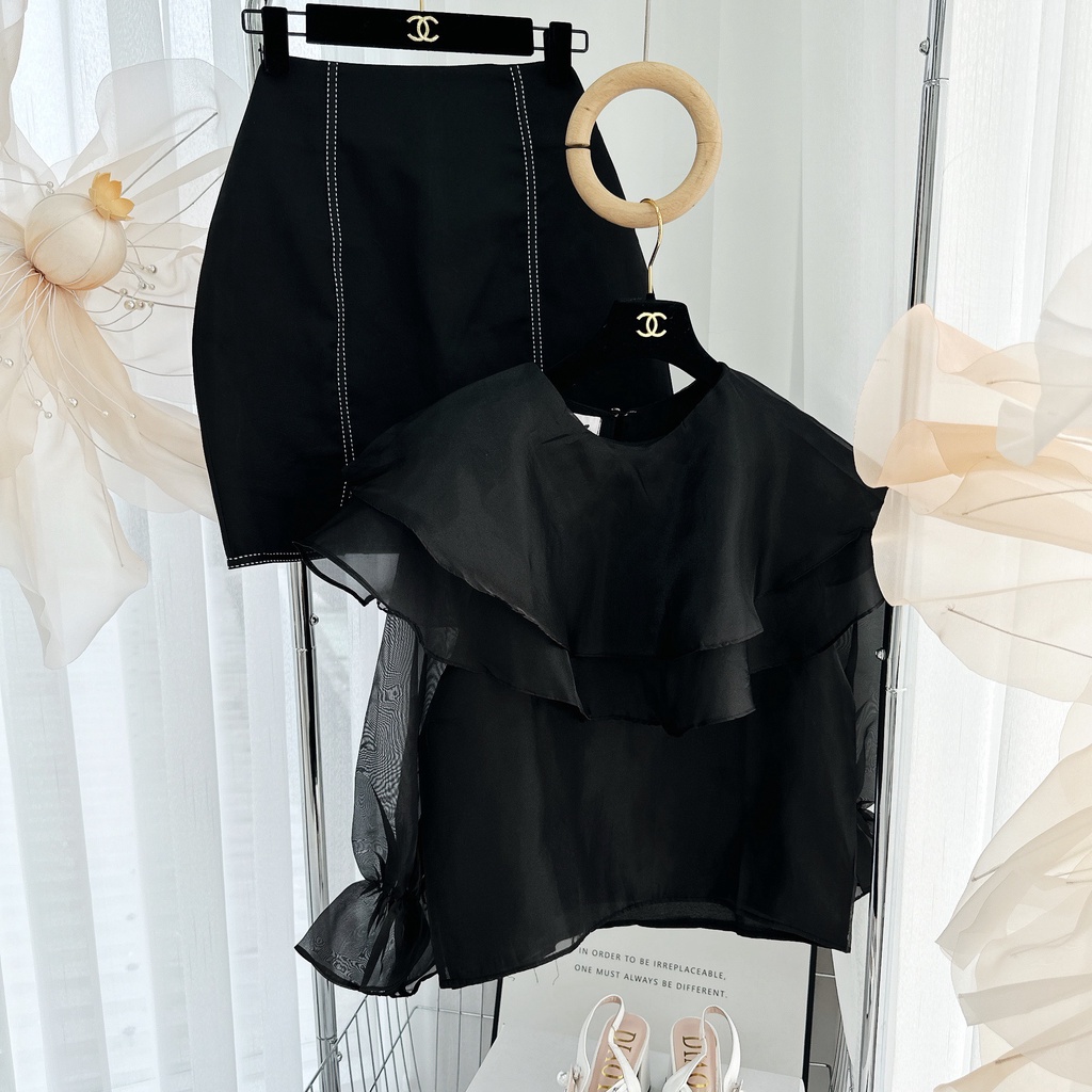 SET ÁO TƠ BÈO TẦNG CỔ TAY LOE + CHÂN VÁY VIỀN CHỈ