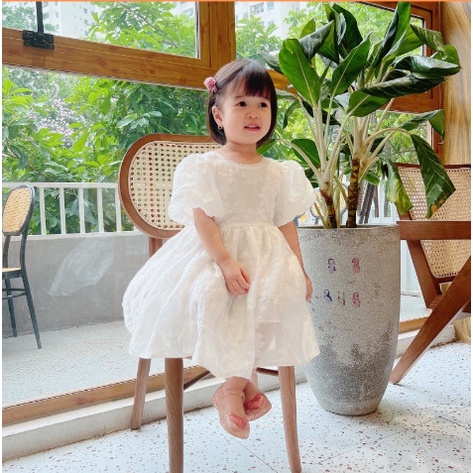 Bapbi.storeVáy Gấm Trắng Tay Bèo Phồng Công Chúa Cho Bé Gái Siêu Xinh