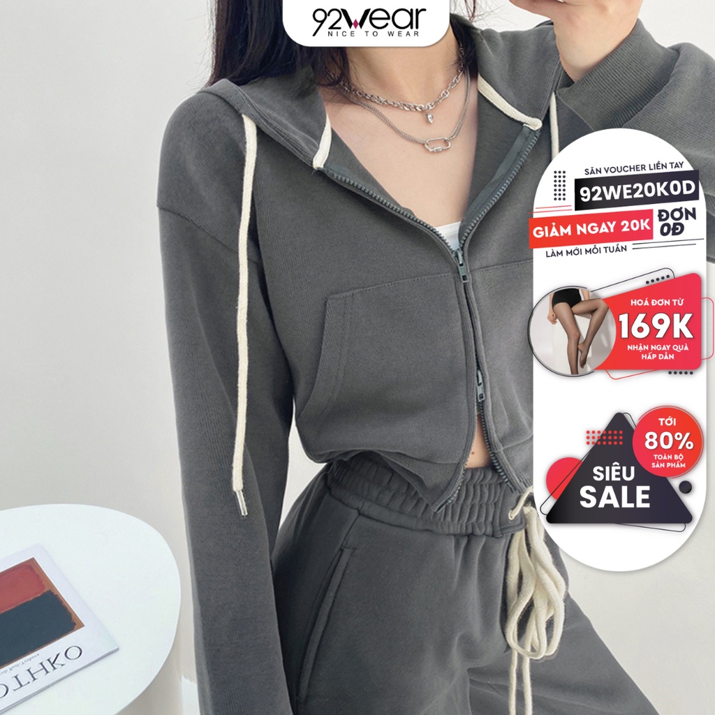 Áo hoodie croptop 92WEAR unisex form rộng chất da cá cao cấp, thiết kế khoá zip độc đáo HD003