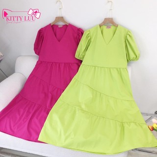 Đầm suông nữ tay phồng cổ chữ V siêu hot