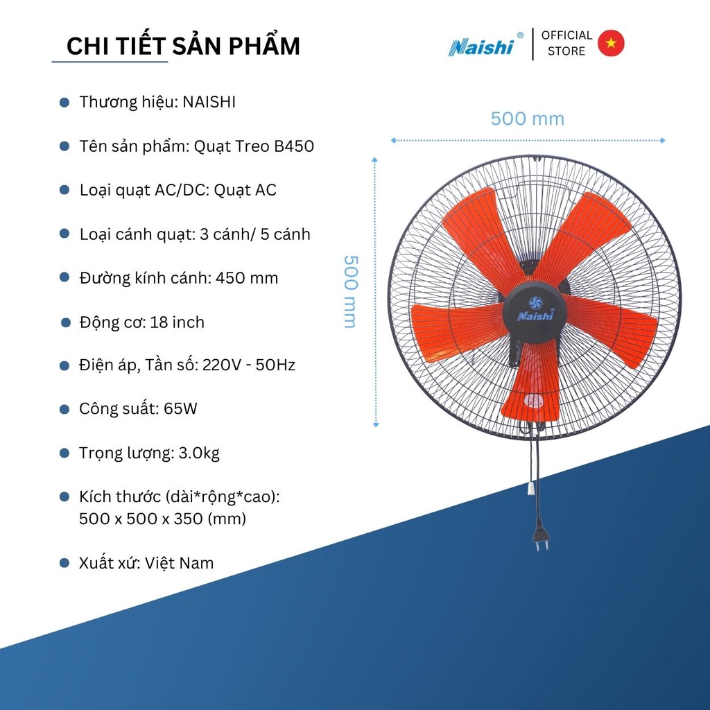 Quạt Treo Tường NAISHI B450 Túp Năng Chuyển Hướng Điện 2 Dây Rút - Công Suất 65W