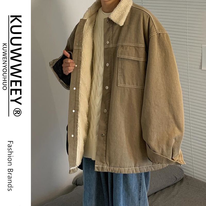 Áo Khoác Denim Đệm Lông Cừu Ấm Áp Thời Trang Harajuku Cho Nam