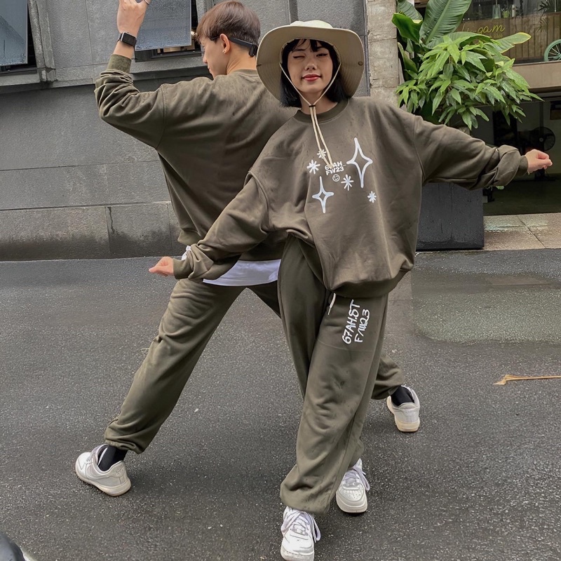 Set nỉ chân cua sweater và quần dài xanh rêu FW23 67AH