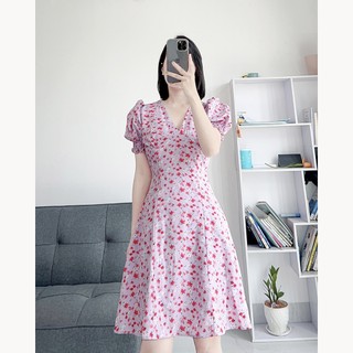 Đẩm hoa nhí cổ V dáng xoè tay phồng LRD020