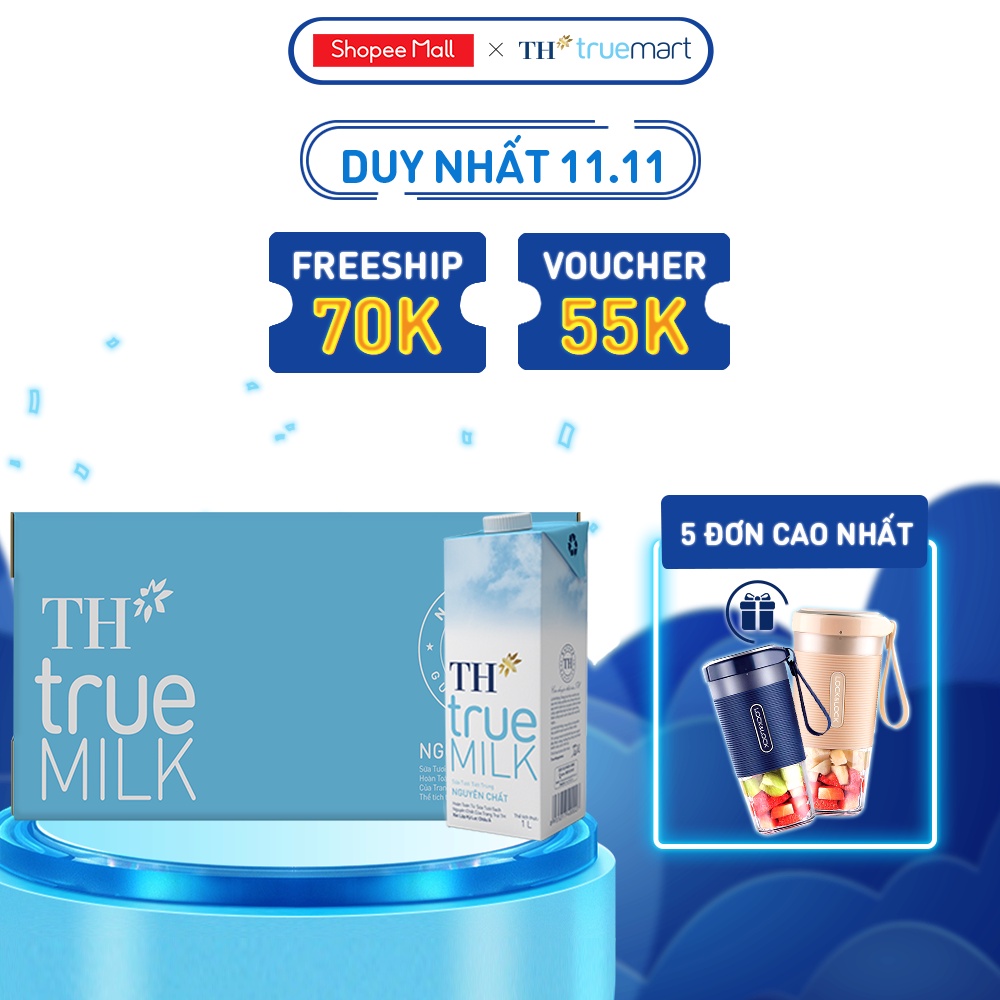 Thùng 12 hộp sữa tươi tiệt trùng nguyên chất TH True Milk 1L (1L x 12)