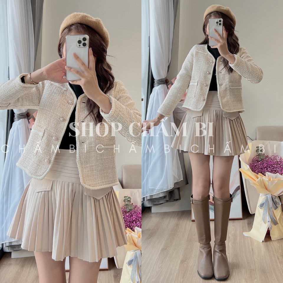Áo dạ tweed nữ dài tay A.392, Áo khoác dạ kẻ be trắng cổ tim viền trắng cổ tay thanh lịch thời thượng - Shop Chấm Bi