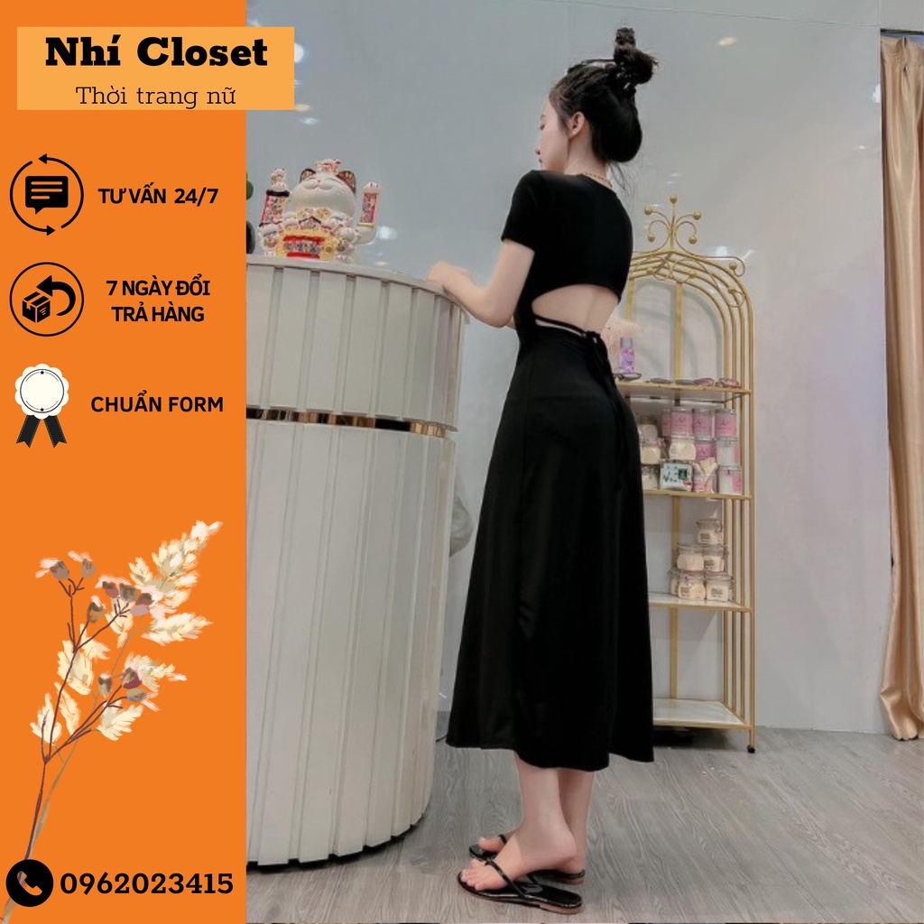 Đầm maxi cổ tròn tay ngắn hở lưng dáng xoè có mút ngực, váy nữ dáng dài chất thun dẻo