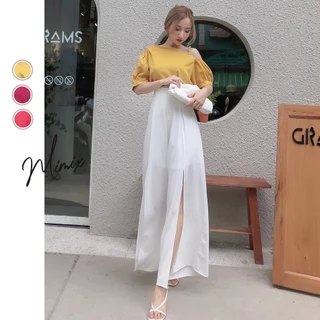 Set bộ rời MIMIX áo lệch vai tay phồng dây vai và quần ống rộng trơn xẻ chân BJ9195