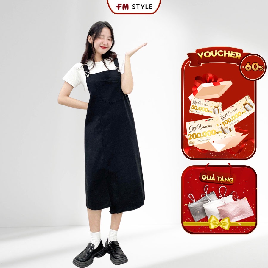 Yếm jean dài FM Style 2 dây dáng dài phối túi trước xẻ lai thời trang dễ thương phong cách ulzzang 207260036