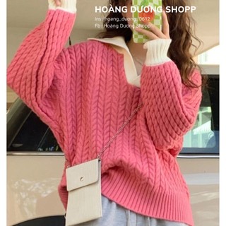 Áo len tay dài cổ bẻ form rộng kiểu vặn thừng phong cách Hàn Quốc cho nữ, Áo len cổ polo form rộng chất dày dặn