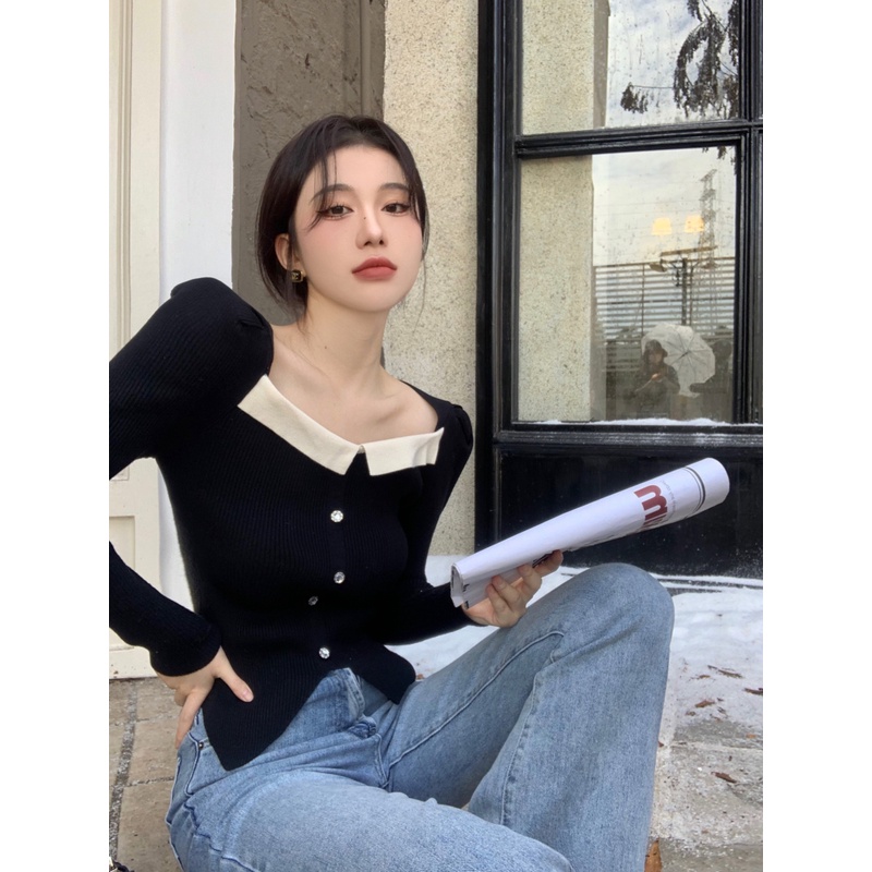 ZHELIHANGFEI Áo Sweater Dài Tay Lưng Cao Phong Cách Pháp Quyến Rũ