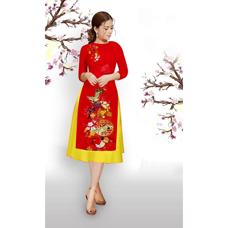 Áo dài cách tân - áo dài in hình hạt chất lụa la tinh mềm mịn co giản nhẹ