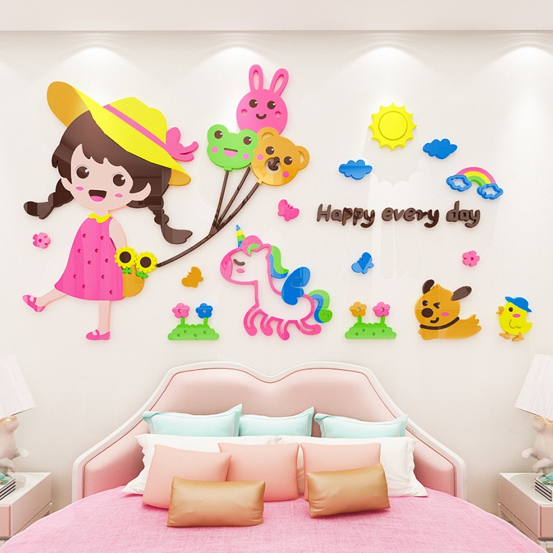 Giấy Dán Tường 3d Bằng Acrylic Chống Thấm Nước Trang Trí Phòng Ngủ Cho Bé Gái