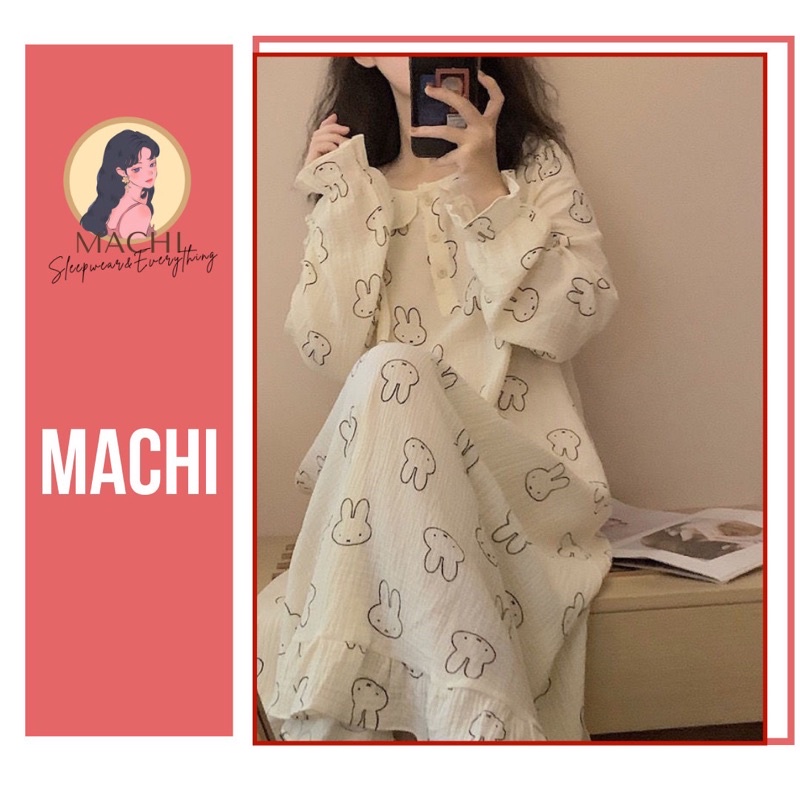 Váy ngủ dài tay - đầm ngủ mặc nhà cổ bèo họa tiết cute dễ thương, vải đũi xốp mềm mịn thoải mái không nhăn | BigBuy360 - bigbuy360.vn