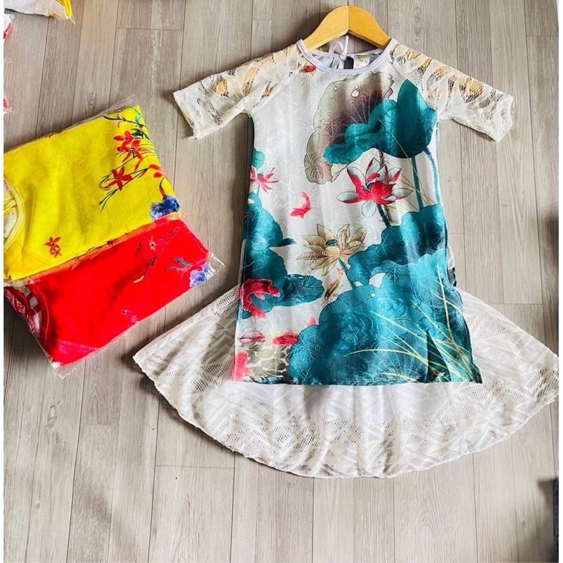 Set áo dài cách tân gấm , chân váy ren bé gái 7-18kgas