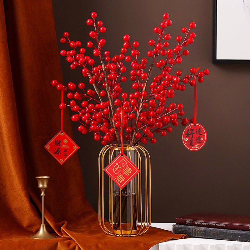 Cành Đào Đông Đỏ 12 Nhánh Cao Cấp Kèm Cành Lá Các Loại - Hoa Giả Decor Để Bàn Trang Trí Phòng Khách, Ngày Tết, Chụp Ảnh