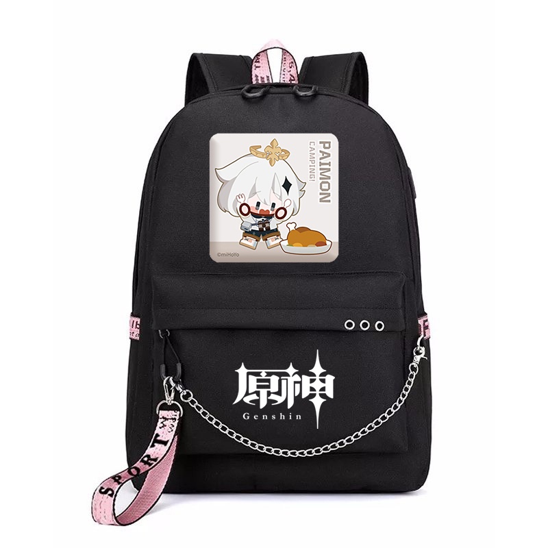 Balo thông minh đen in hình GENSHIN IMPACT ver CẮM TRẠI game anime chibi dễ thương cặp sách đi học