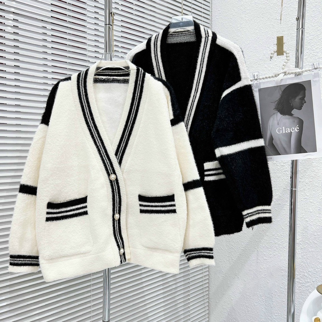Áo Khoác Cardigan Lông Thỏ Phối 2 Màu Cá Tính Phong Cách Hàn Quốc