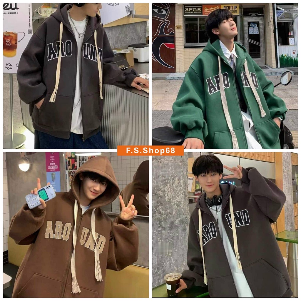 Áo Khoác Jacket Hoodie Zip Nỉ Thu Đông Nam Nữ Chữ AROUND Unisex Form Rộng