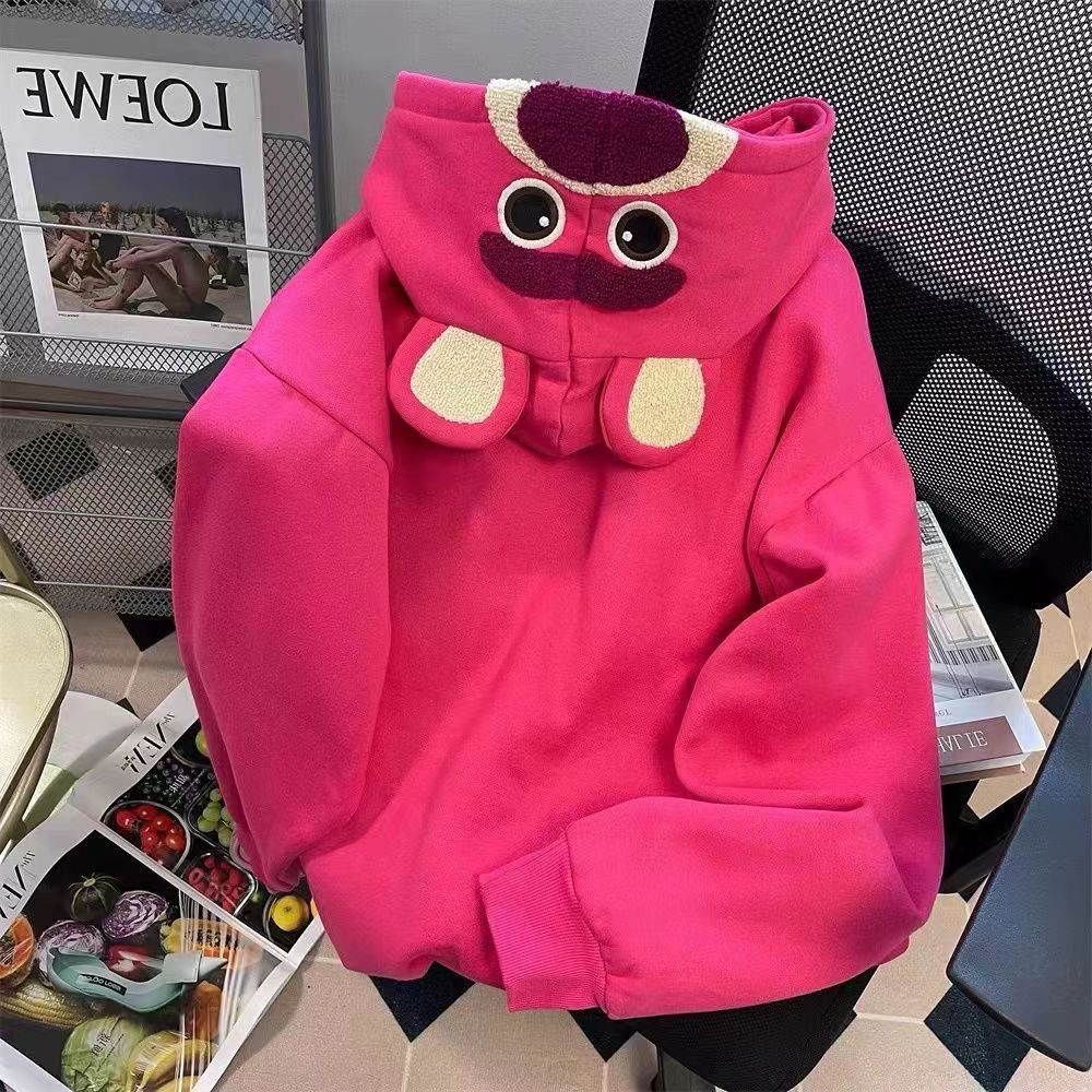 Hàng Có Sẵn Niche Áo Khoác Sweatshirt Có Mũ Trùm Đầu Lót Lông Cừu Dày Dáng Rộng Cỡ Lớn Hình Gấu Dâu Tây