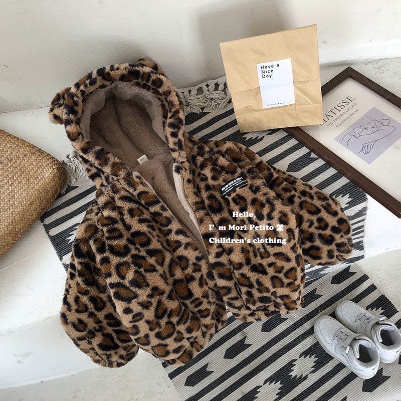 Áo Khoác Giả Lông Thú Giữ Ấm Tai Họa Tiết Da Báo Thời Trang Thu Đông Dành Cho Trẻ Em